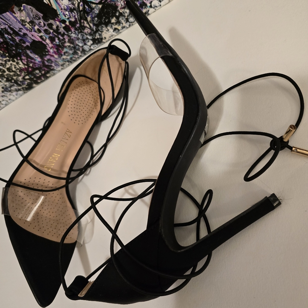 AZALEA WANG Black With Cleae Vinyl Toe Strap High Heels Ankle Wrap Strap 7.5 - Picture 13 of 17